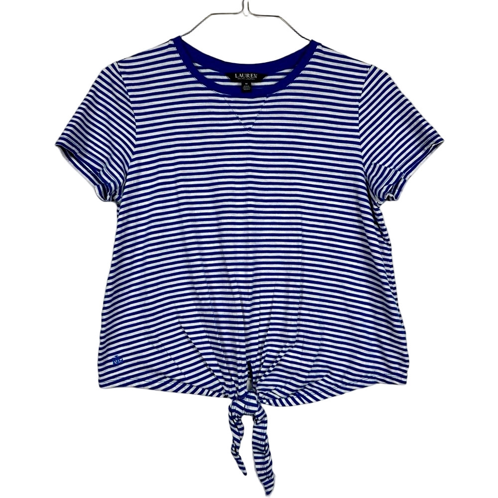 Ralph Lauren Blue and White Striped Short Sleeve Tie Front Tee Size Medium